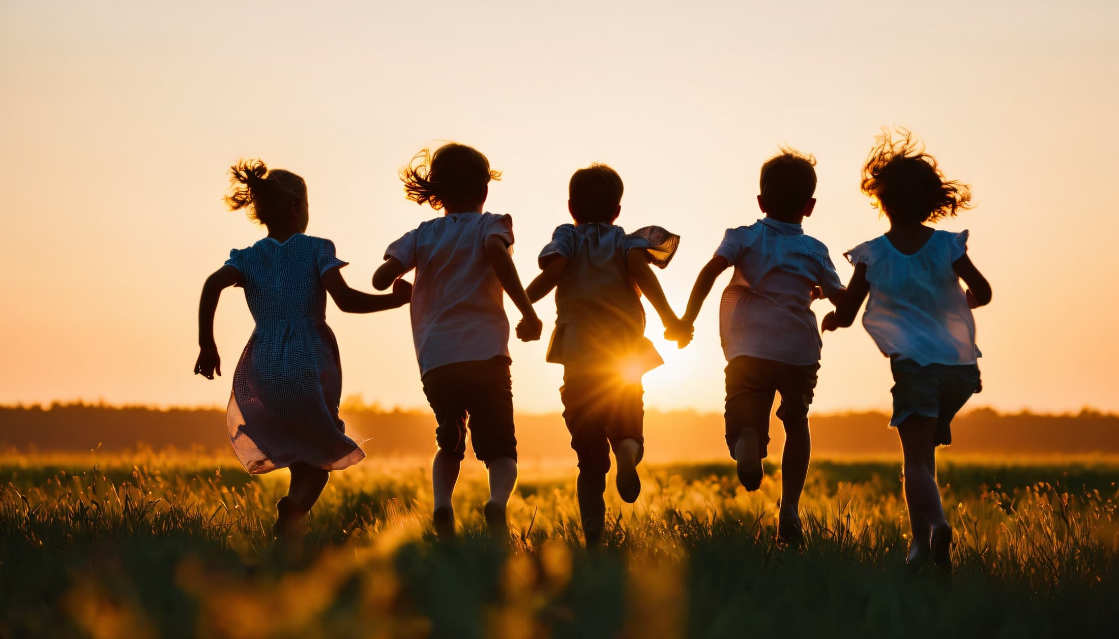 Niños corriendo tomados de la mano hacia el atardecer en un campo dorado
